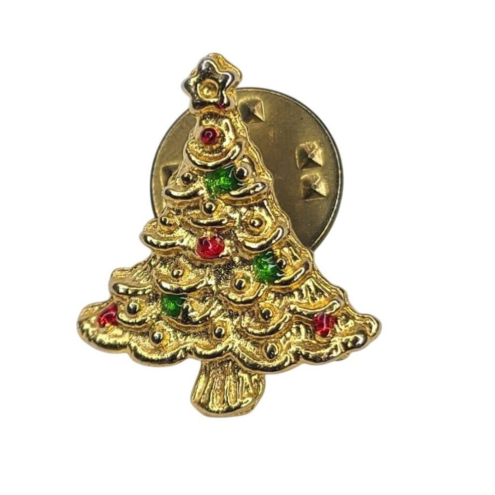 Vintage Christmas Tree Lapel Pin Gold Tone Red Green Enamel Holiday Brooch